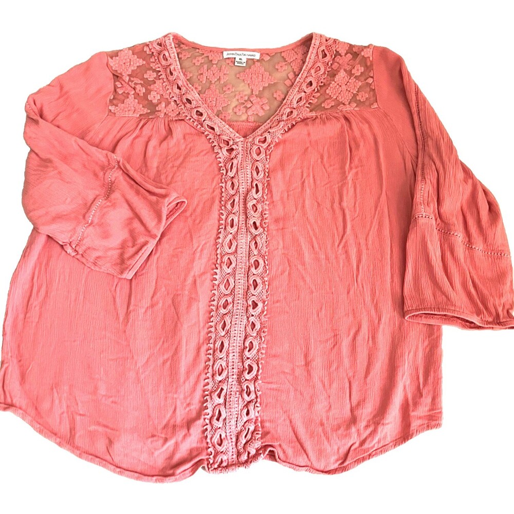 JP Richard Crochet Embroidered Tunic Pink Gauze Top XL Flowy Peasant Cottage Y2K